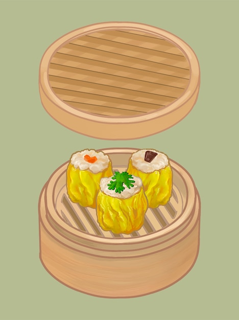 Albóndigas chinas en una ilustración de vapor de bambú