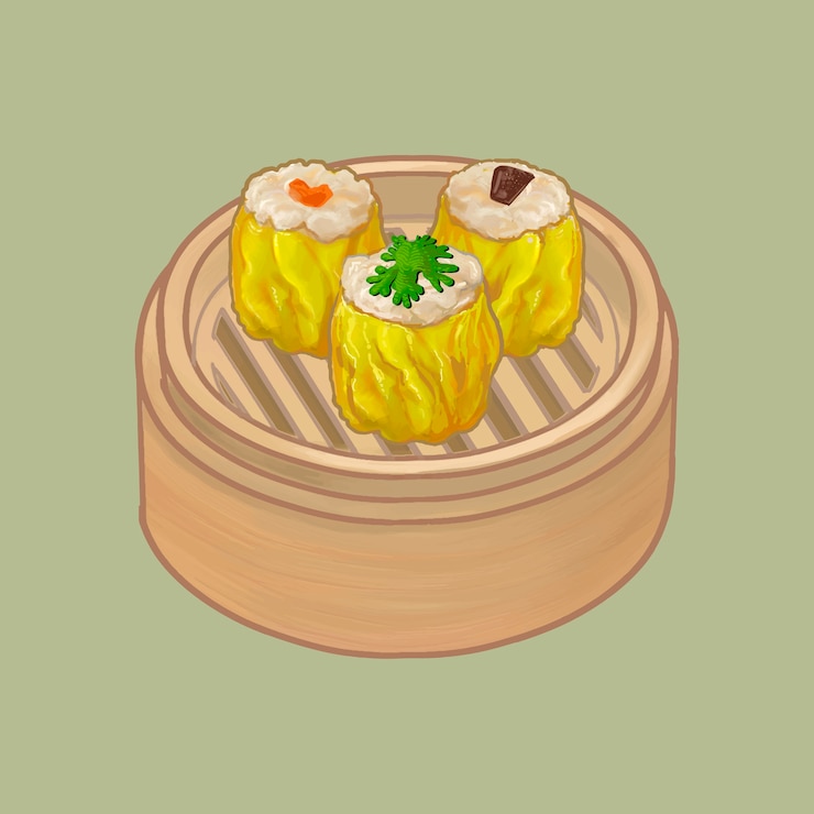 Vector albóndigas chinas en una ilustración de vapor de bambú