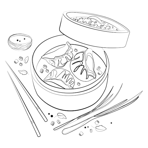 Albóndigas Gyoza Dim Sum en salsa Steamer de bambú y palillos Línea arte dibujo vector ilustración