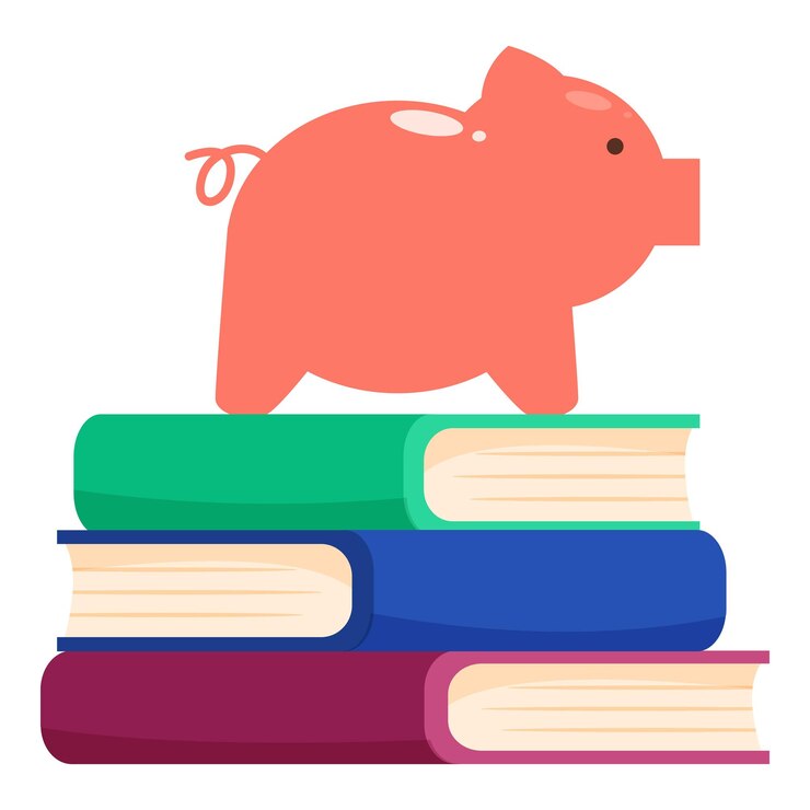 La alcantarilla de cerdos de pie sobre una pila de libros que ilustran los ahorros para la educación