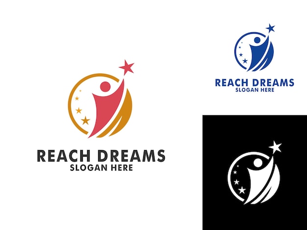 Alcanzar el logotipo de los sueños Humano abstracto Alcanzar sueños éxito meta símbolo creativo idea logo concepto