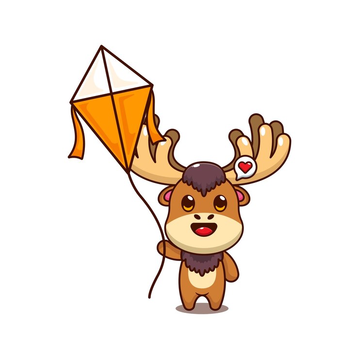Vector alce jugando cometa mascota personaje de dibujos animados ilustración vectorial