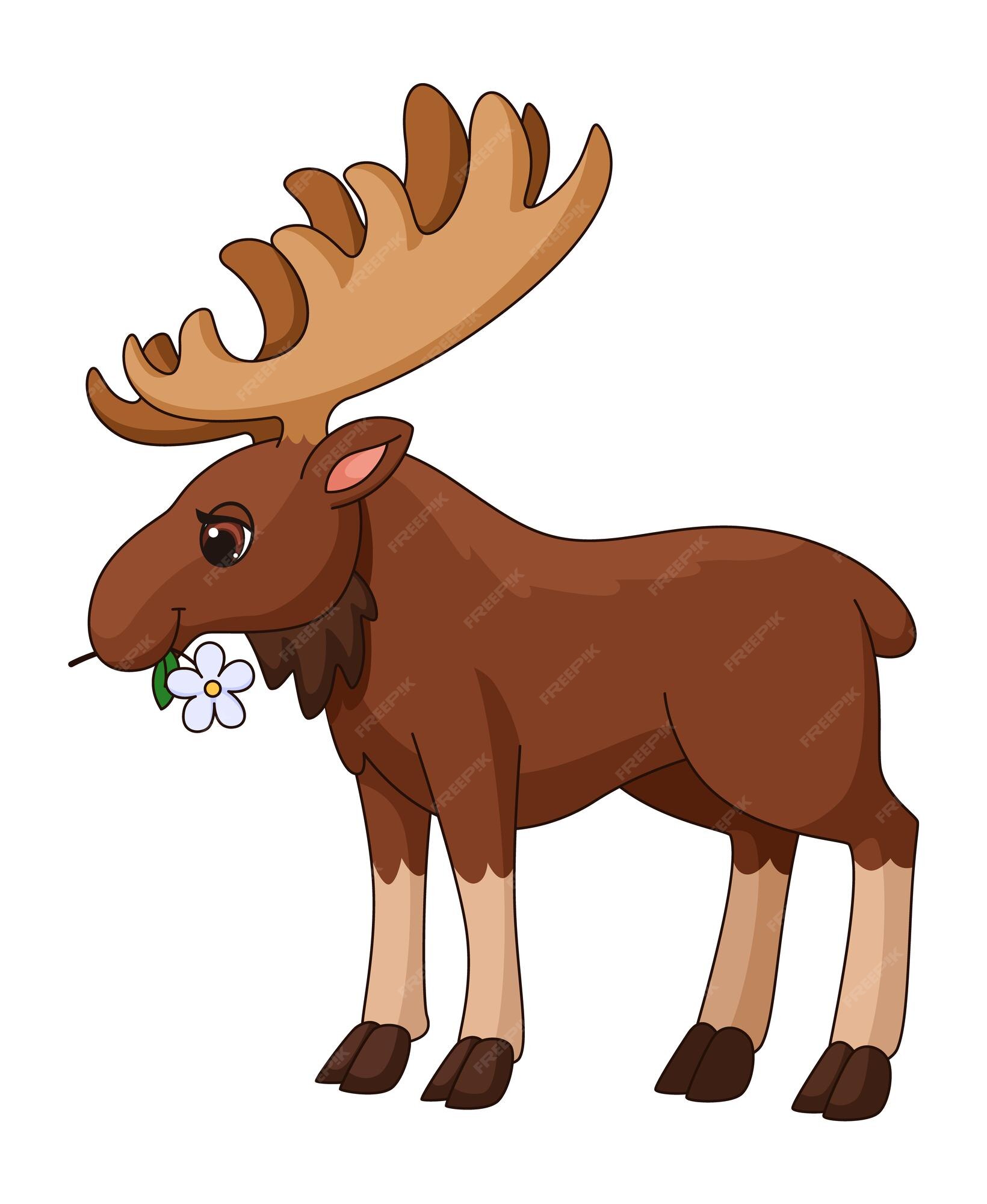 Alces con flor blanca. animal de dibujos animados lindo con cuernos grandes | Vector Premium Alces con flor blanca. animal de dibujos animados lindo con cuernos grandes | Vector Premium