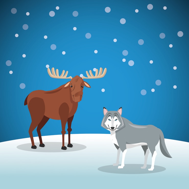 Vector alces y lobo con imagen de fondo nevado