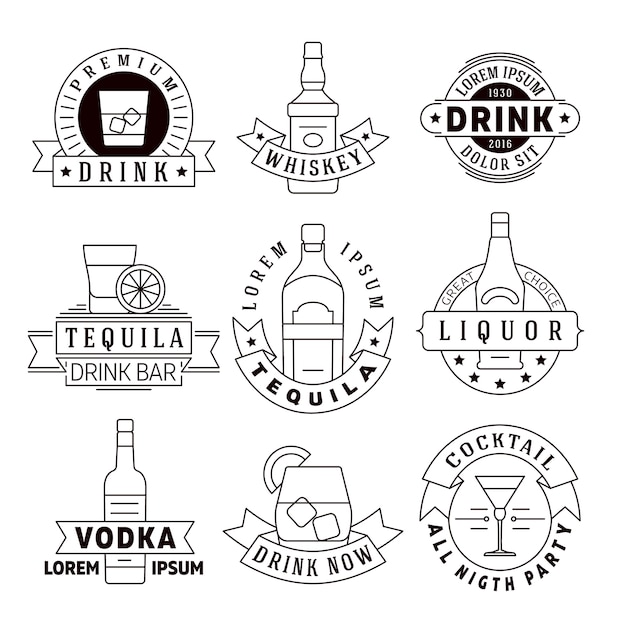 Alcohol bebidas vector emblemas, insignias, conjunto de logotipo. bebidas alcohólicas de whisky y tequila, etiquetas para vo.