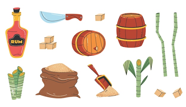 Alcohol de caña de azúcar moreno bebida rom producción agricultura conjunto aislado concepto de colección