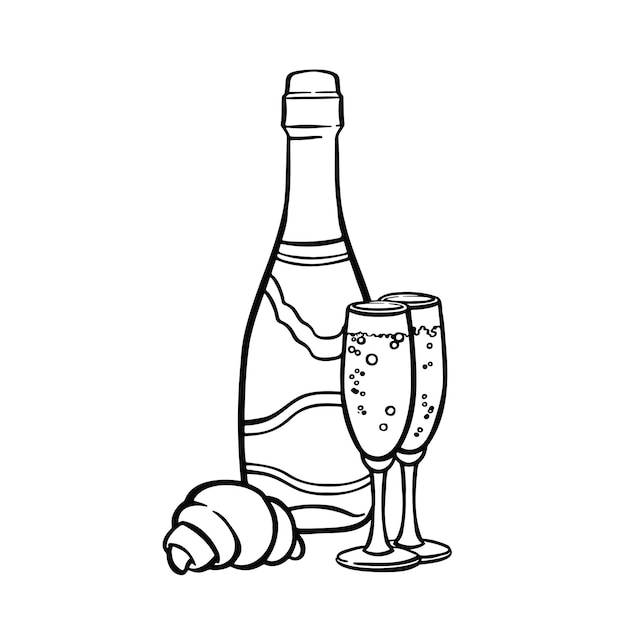 Alcohol con copas de botella de champán y vector de ilustración de línea de croissant