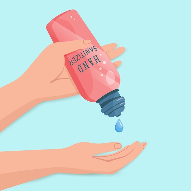 Alcohol gel higiénico jabón antiséptico líquido para manos Desinfectante para proteger contra gérmenes bacterias y virus Cuidado de la piel Fórmula antibacteriana Ilustración vectorial para diseño médico