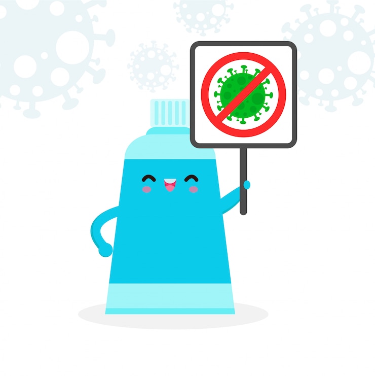 Vector alcohol gel lindo personaje. gel de lavado a mano y coronavirus de parada de señal (2019-ncov), ataque de gel de alcohol covid-19, protección contra virus y bacterias, estilo de vida saludable aislado sobre fondo blanco