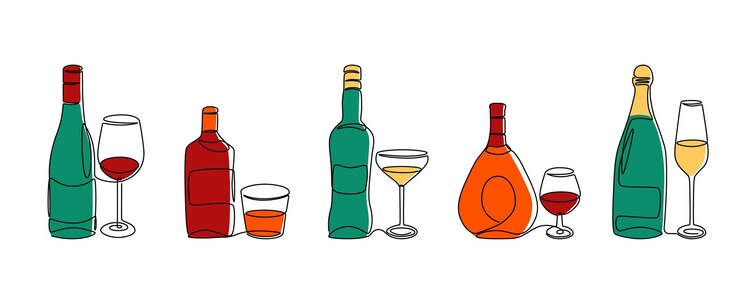 Vector alcohol de línea continua. botellas y vasos de una línea con bebidas, bebidas alcohólicas de colores, whisky y vino. vector aislado conjunto ilustración bebidas alcohólicas en botellas con copas de vino