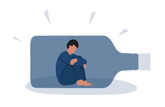 Alcoholismo masculinoConcepto con personaje masculino sentado en una botella Problema social Adicción Salud mental