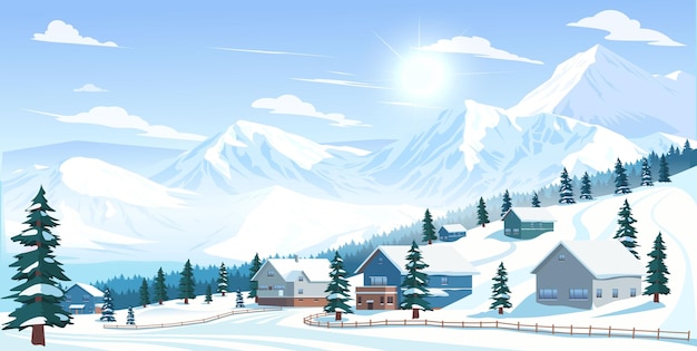 Aldea alpina nevada con montañas de invierno y pinos en ilustración vectorial de luz solar