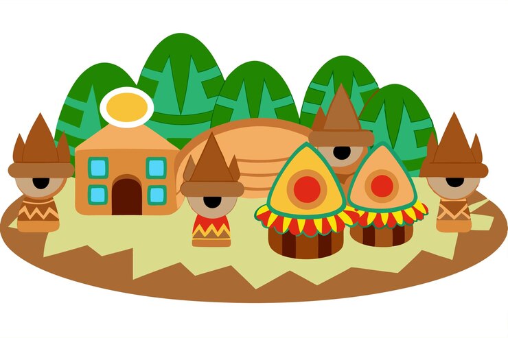 Vector aldea azteca con chozas mercados vibrantes cosechas exuberantes y gente de la tribu en trajes tradicionales