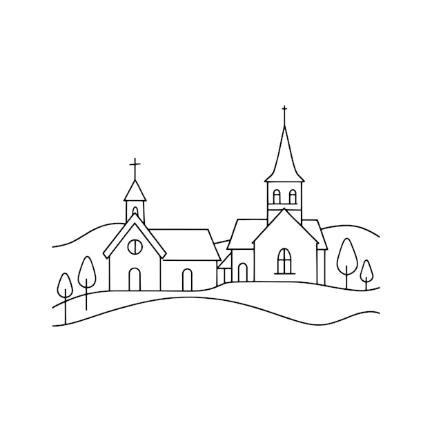 Aldea con iglesia Arte de línea continua Ilustración vectorial plana sobre fondo blanco