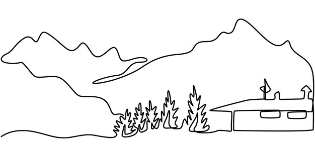 Aldea con iglesia Estilo de dibujo artístico continuo de una línea Dibujo de línea continua Paisaje