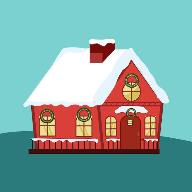 Aldea navideña Casa roja Aldea nevada con ilustración vectorial de Navidad feliz
