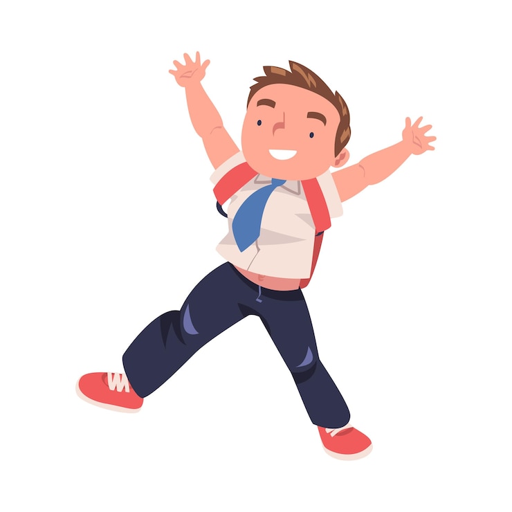 Vector alegre alumno en uniforme con corbata y mochila saltando de alegría emocionado por volver a la escuela