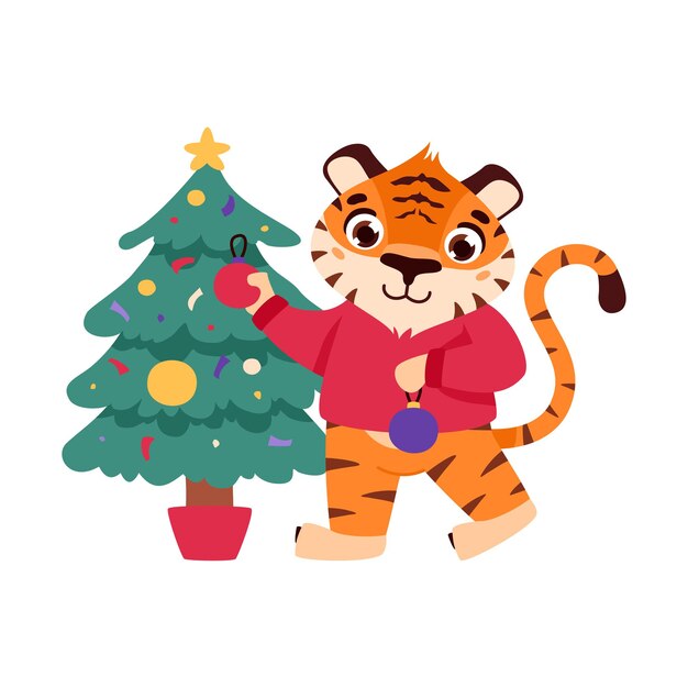 Un alegre cachorro de tigre está decorando un árbol de Navidad 2022 Año Nuevo chino Animal de dibujos animados