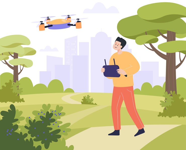 Vector alegre caricatura hombre operando drone al aire libre