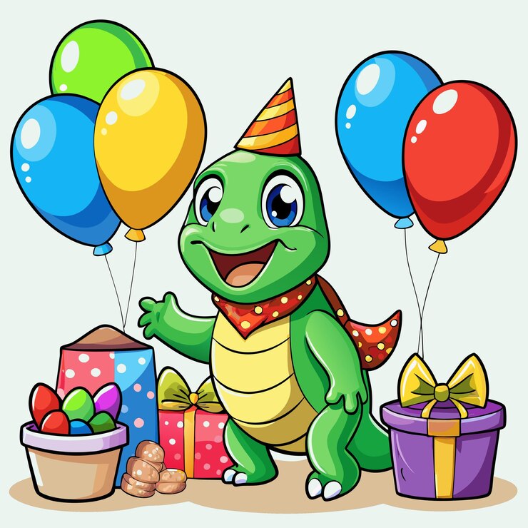 Vector alegre celebración del cumpleaños de la tortuga con globos vibrantes y decoración de dibujos animados