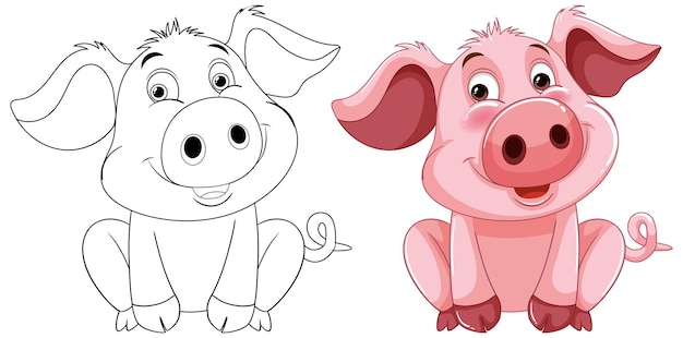 El alegre cerdo de dibujos animados antes y después