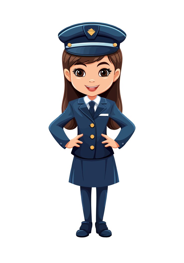 Una alegre chica de dibujos animados en un uniforme de piloto lista para tomar el vuelo
