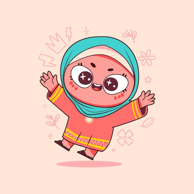 Alegre chica con hijab en vestido rosa