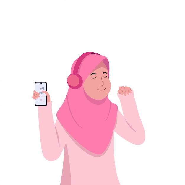 Alegre Chica Joven Hijab Escuchando Música