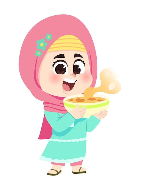 Alegre chica musulmana sostiene un cuenco de sopa de pollo