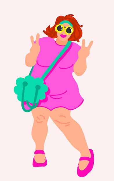 Alegre chica regordeta con vestido rosa mostrando el signo de victoria con sus dedos vector aislado illustrati