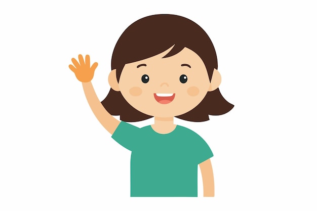 Alegre feliz chica linda agitando la mano levantada para decir hola logotipo ilustración de arte de dibujos animados dibujada a mano
