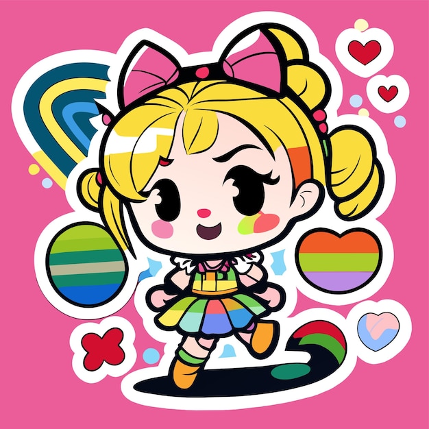 Vector alegre, feliz y linda chica agitando la mano levantada con una pegatina de dibujos animados chibi arco iris