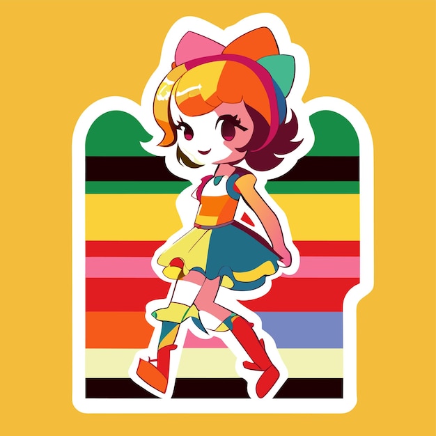 Vector alegre, feliz y linda chica agitando la mano levantada con una pegatina de dibujos animados chibi arco iris