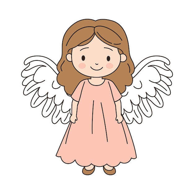 Alegre, hermosa, linda y alada, niña pequeña, ángel, personaje de dibujos animados de fantasía en el cielo.