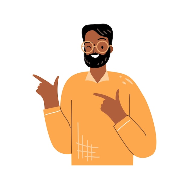 Alegre hombre africano con gafas con sonrisa blanca señalando con el dedo a un lado el espacio de copia para su anuncio ilustración vectorial de dibujos animados planos hombre anuncia tienda o tienda buena oferta