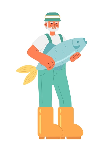 Alegre hombre mayor con sombrero captura peces color semiplano personaje vectorial Editable pescador de cuerpo completo con botas y traje en blanco Ilustración simple de dibujos animados para diseño gráfico web