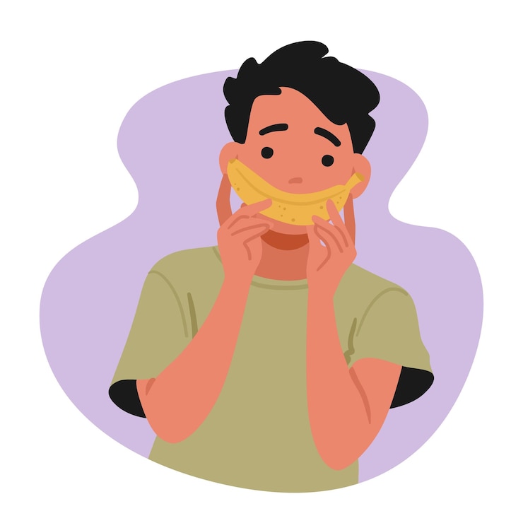 Vector el alegre hombre vegano irradia positividad con una sonrisa de plátano. su compromiso con un estilo de vida basado en plantas es tan saludable como su sonrisa. personaje masculino con frutas saludables. dibujos animados de personas. ilustración vectorial.