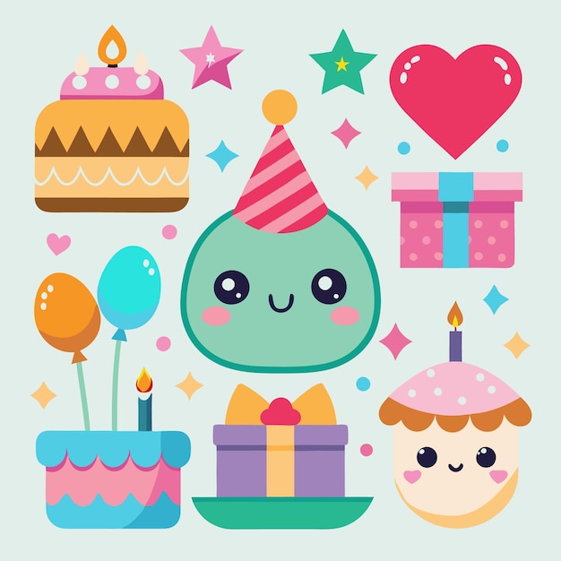 Una alegre ilustración de dibujos animados de elementos de cumpleaños como pasteles, pasteles, globos, regalos y estrellas