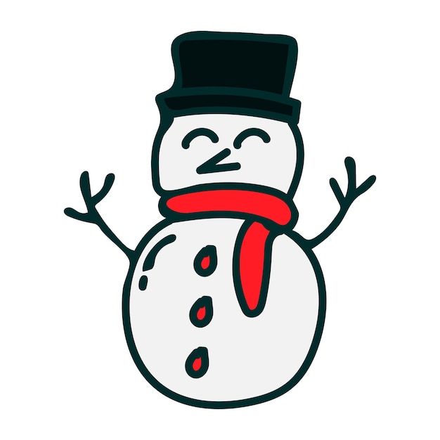 Una alegre ilustración de un hombre de nieve con un sombrero negro y una bufanda roja