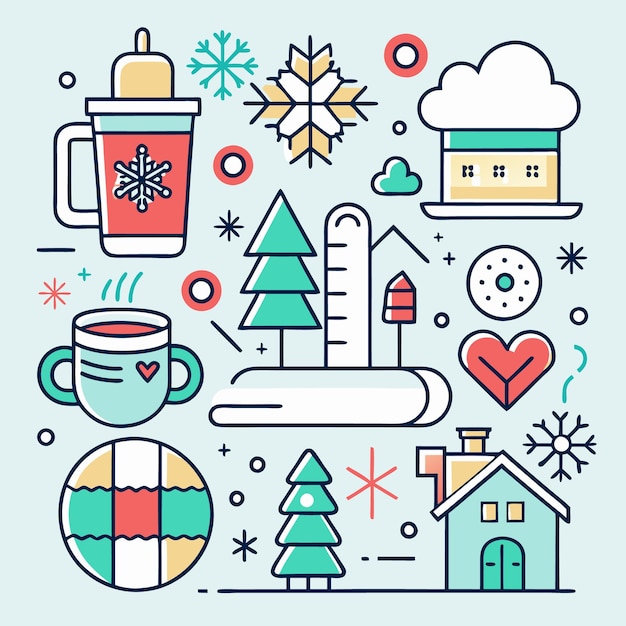 Una alegre ilustración de invierno con bebidas calientes casas acogedoras copos de nieve y árboles de Navidad