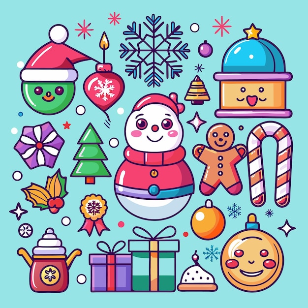 Una alegre ilustración navideña con un hombre de nieve pan de jengibre hombre de caramelo bastones regalos adornos y otros elementos festivos