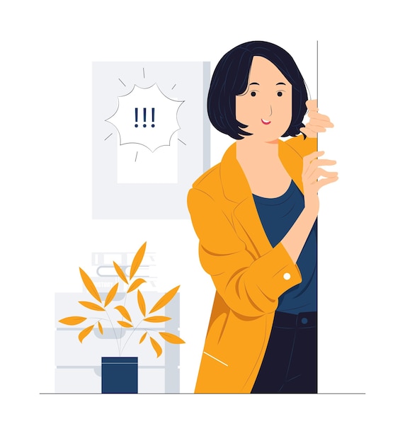Alegre mujer de negocios de pie detrás de una pared mientras mira a escondidas con la ilustración del concepto de curiosidad