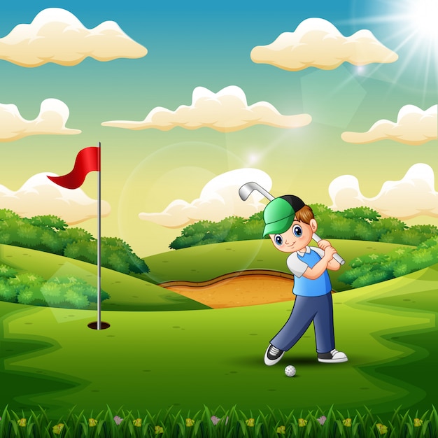 Vector alegre un niño jugando al golf en la cancha.