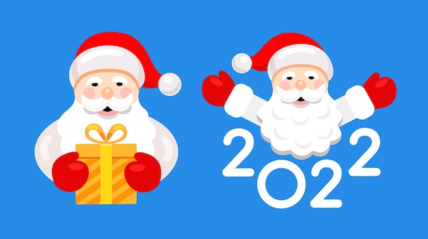 Alegre Papá Noel con letras 2022 y caja de regalo Tema de año nuevo Ilustración de vector plano