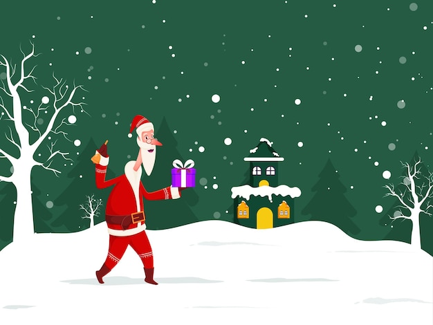 Alegre Papá Noel sosteniendo una caja de regalos con árboles desnudos de campana e ilustración de la casa en un fondo verde de nieve