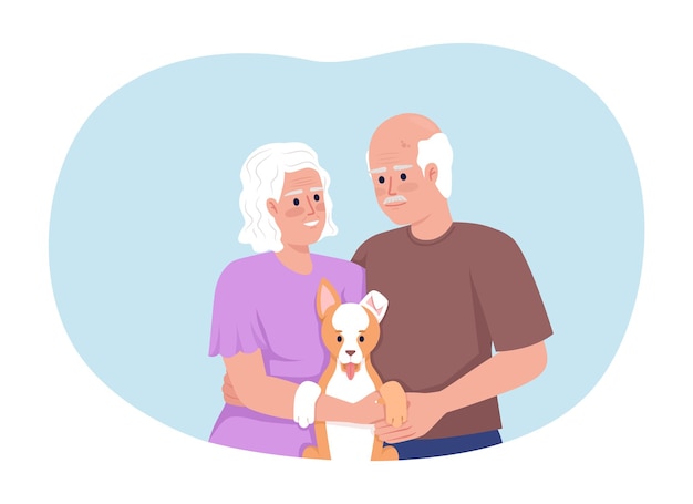 Alegre pareja jubilada con cachorro en manos 2d vector ilustración aislada