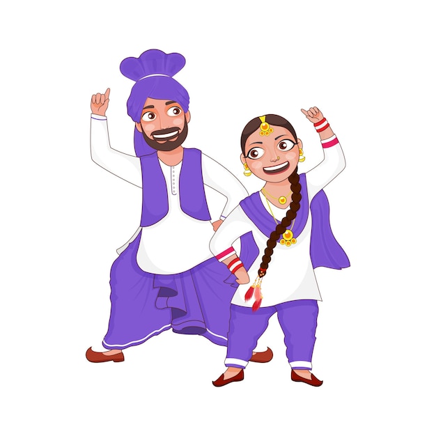 Alegre pareja Punjabi realizando danza Bhangra en traje tradicional