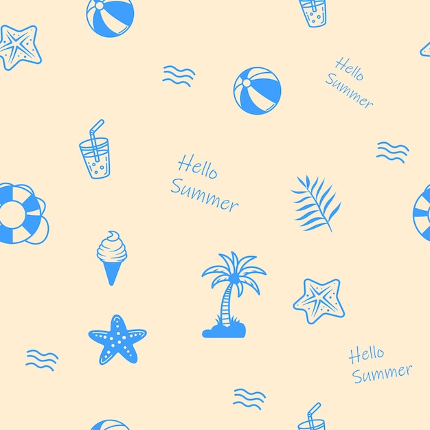 Un alegre patrón azul claro con iconos de vacaciones de playa de verano y textos de saludos de verano