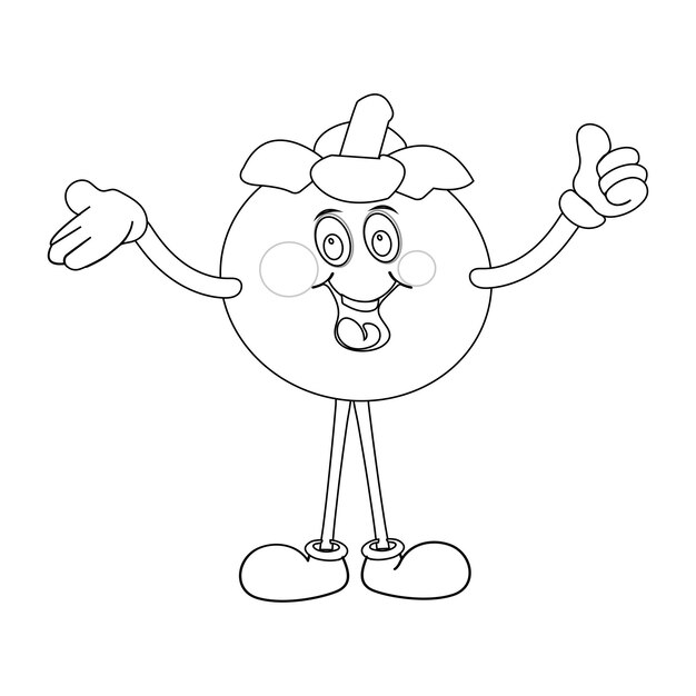 Alegre personaje de dibujos animados de fruta de mangostán Mascota en formato de esquema para libro de colorear para niños