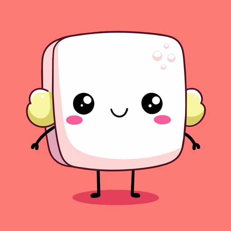 Vector un alegre personaje de malvavisco se encuentra con los brazos extendidos contra un fondo azul vibrante que irradia felicidad y encanto perfecto para los niños como contenido
